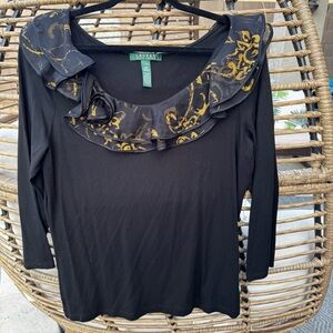 Lauren Ralph Lauren Black Blouse with Gold Accents Large